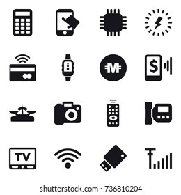 16 vector icon set : calculator, touch, chip, lightning, tap to pay, smartwatch, crypto currency, mobile pay, scales, camera, remote control, intercome, tv
