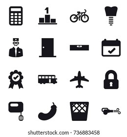 16 vector icon set : calculator, pedestal, bike, door, level, bus, airplane, locked, eggplant, trash bin, blower