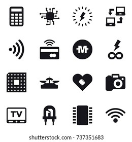 16 vector icon set : calculator, chip, lightning, notebook connect, wireless, tap to pay, crypto currency, infinity power, cpu, scales, camera, tv