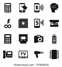 16 vector icon set : calculator, touch, phone pay, virtual mask, infinity power, cpu, mobile pay, market scales, atm, camera, remote control, intercome, tv, hair dryer