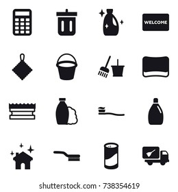 16 vector icon set : calculator, bin, cleanser, welcome mat, rag, bucket, bucket and broom, sponge, shampoo, tooth brush, house cleaning, brush, cleanser powder, home call cleaning