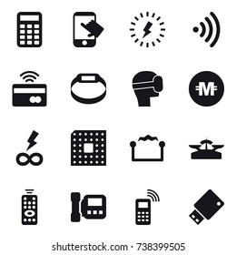 16 vector icon set : calculator, touch, lightning, wireless, tap to pay, smart bracelet, virtual mask, crypto currency, infinity power, cpu, electrostatic, scales, remote control, intercome