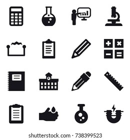 16 vector icon set : calculator, round flask, presentation, microscope, electrostatic, clipboard, pencil, copybook, university, ruler