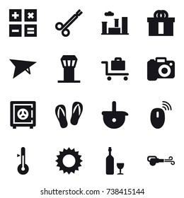 16 vector icon set : calculator, city, deltaplane, airport tower, baggage trolley, camera, safe, flip-flops, thermometer, sun, wine, blower