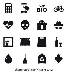 16 vector icon set : calculator, touch, bio, bike, flower in window, curtain, cutting board, wine, drop, broom, garbage bag, maple leaf