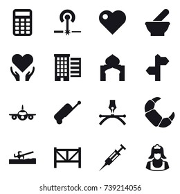 16 vector icon set : calculator, laser, heart, houses, minaret, suitcase, soil cutter, farm fence, syringe, cleaner