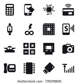 16 vector icon set : calculator, touch, chip, tap to pay, smartwatch, infinity power, cpu, mobile pay, scales, atm, camera, intercome
