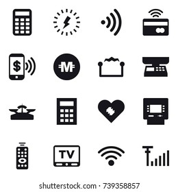 16 vector icon set : calculator, lightning, wireless, tap to pay, phone pay, crypto currency, electrostatic, market scales, scales, atm, remote control, tv