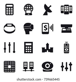16 vector icon set : calculator, notebook globe, satellite antenna, server, smart bracelet, virtual mask, mobile pay, market scales, equalizer, castle, remote control
