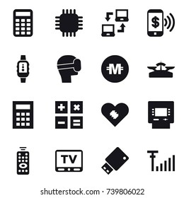 16 vector icon set : calculator, chip, notebook connect, phone pay, smartwatch, virtual mask, crypto currency, scales, atm, remote control, tv
