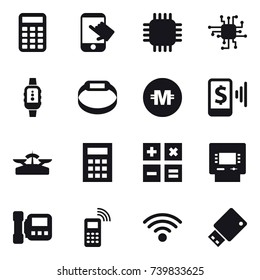 16 vector icon set : calculator, touch, chip, smartwatch, smart bracelet, crypto currency, mobile pay, scales, atm, intercome