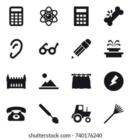 16 vector icon set : calculator, atom, pencil, fountain, gothic architecture, landscape, curtain, electricity, phone, big spoon, tractor, rake