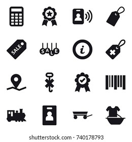 16 vector icon set : calculator, medal, pass card, label, sale label, sale, info, train, identity card, trailer, handle washing