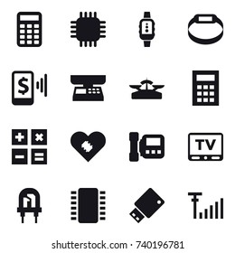 16 vector icon set : calculator, chip, smartwatch, smart bracelet, mobile pay, market scales, scales, tv
