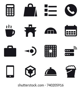 16 vector icon set : calculator, shopping bag, list, phone, hot drink, arch, hangare, suitcase iocn, foam bucket