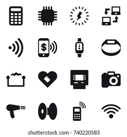 16 vector icon set : calculator, chip, lightning, notebook connect, wireless, phone pay, smartwatch, smart bracelet, electrostatic, atm, camera, hair dryer