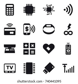 16 vector icon set : calculator, chip, wireless, tap to pay, phone pay, smart bracelet, infinity power, market scales, remote control, tv