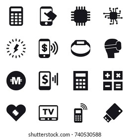 16 vector icon set : calculator, touch, chip, lightning, phone pay, smart bracelet, virtual mask, crypto currency, mobile pay, tv
