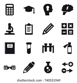 16 vector icon set : calculator, graduate hat, bulb head, brain, microscope, clipboard, pencil, copybook, school