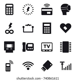16 vector icon set : calculator, lightning, tap to pay, virtual mask, infinity power, electrostatic, atm, intercome, tv