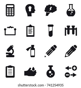 16 vector icon set : calculator, bulb head, brain, round flask, electrostatic, clipboard, pencil