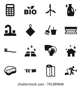 16 vector icon set : calculator, bio, windmill, cleanser, water tap, rag, bucket and broom, sponge, tooth brush, clean floor, wiping, house cleaning, sponge with foam, drying clothe, paper towel