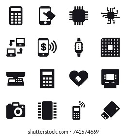 16 vector icon set : calculator, touch, chip, notebook connect, phone pay, smartwatch, cpu, market scales, atm, camera
