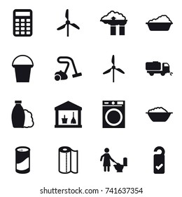16 vector icon set : calculator, windmill, factory filter, washing, bucket, vacuum cleaner, sweeper, shampoo, utility room, washing machine, foam basin, cleanser powder, paper towel, toilet cleaning