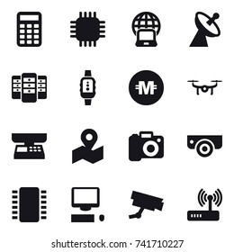 16 vector icon set : calculator, chip, notebook globe, satellite antenna, server, smartwatch, crypto currency, drone, market scales, camera, surveillance camera