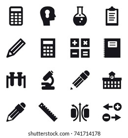 16 vector icon set : calculator, bulb head, round flask, clipboard, pencil, copybook, university, ruler