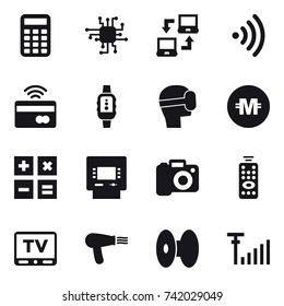 16 vector icon set : calculator, chip, notebook connect, wireless, tap to pay, smartwatch, virtual mask, crypto currency, atm, camera, remote control, tv, hair dryer