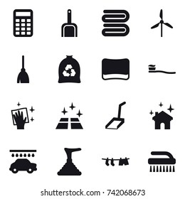 16 vector icon set : calculator, scoop, towel, windmill, broom, garbage bag, sponge, tooth brush, wiping, clean floor, house cleaning, car wash, plunger, drying clothe, brush