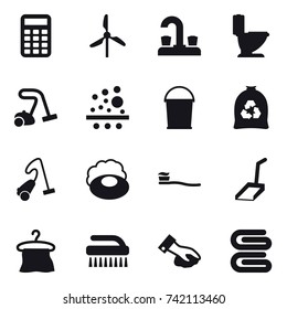 16 vector icon set : calculator, windmill, water tap, toilet, vacuum cleaner, bucket, garbage bag, soap, tooth brush, scoop, hanger, brush, wiping, stack of towels