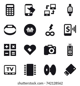 16 vector icon set : calculator, touch, notebook connect, smartwatch, smart bracelet, crypto currency, infinity power, mobile pay, camera, remote control, tv
