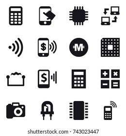 16 vector icon set : calculator, touch, chip, notebook connect, wireless, phone pay, crypto currency, cpu, electrostatic, mobile pay, camera