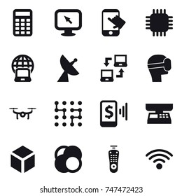 16 vector icon set : calculator, monitor arrow, touch, chip, notebook globe, satellite antenna, notebook connect, virtual mask, drone, mobile pay, market scales, 3d