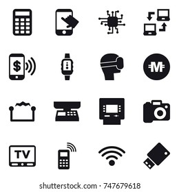 16 vector icon set : calculator, touch, chip, notebook connect, phone pay, smartwatch, virtual mask, crypto currency, electrostatic, market scales, atm, camera, tv