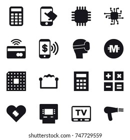 16 Vector Icon Set : Calculator, Touch, Chip, Tap To Pay, Phone Pay, Virtual Mask, Crypto Currency, Cpu, Electrostatic, Atm, Tv, Hair Dryer