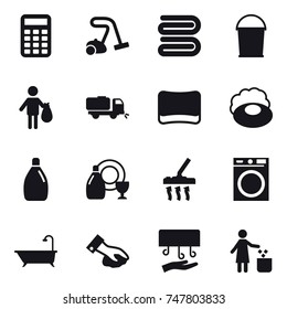 16 vector icon set : calculator, vacuum cleaner, towel, bucket, trash, sweeper, sponge, soap, cleanser, dish cleanser, washing machine, bath, wiping, hand dryer, garbage bin