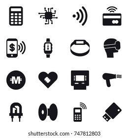 16 Vector Icon Set : Calculator, Chip, Wireless, Tap To Pay, Phone Pay, Smartwatch, Smart Bracelet, Virtual Mask, Crypto Currency, Atm, Hair Dryer