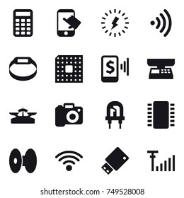 16 vector icon set : calculator, touch, lightning, wireless, smart bracelet, cpu, mobile pay, market scales, scales, camera