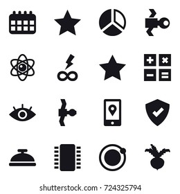 16 vector icon set : calendar, star, diagram, satellite, atom, infinity power, calculator, service bell, beet