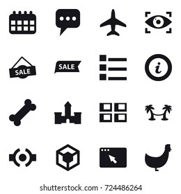 16 vector icon set : calendar, message, plane, eye identity, sale, list, info, castle, panel house, palm hammock, chicken