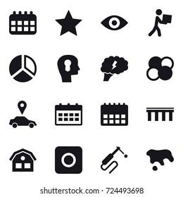 16 vector icon set : calendar, star, eye, courier, diagram, bulb head, brain, atom core, car pointer, bridge, house, ring button, spot