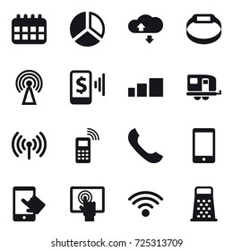 16 vector icon set : calendar, diagram, cloude service, smart bracelet, antenna, mobile pay, trailer, wireless