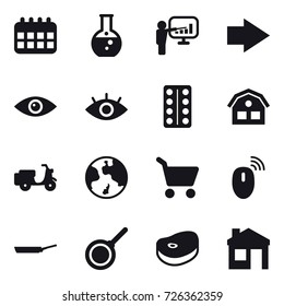 16 vector icon set : calendar, round flask, presentation, right arrow, house, earth, cart, pan