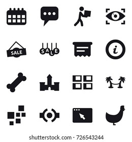16 vector icon set : calendar, message, courier, eye identity, sale, atm receipt, info, castle, panel house, palm hammock, chicken