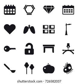 16 vector icon set : calendar, hex molecule, diamond, panel house, outdoor light, key, unlocked, table, ladle, trees, tomato, microb