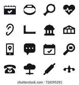 16 vector icon set : calendar, smart bracelet, magnifier, ruler, goverment house, greenhouse, phone, rolling pin, hard reach place cleaning