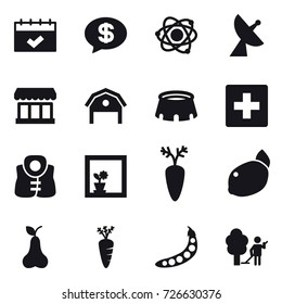 16 vector icon set : calendar, money message, atom, satellite antenna, market, barn, stadium, first aid, life vest, flower in window, pear, carrot, peas, garden cleaning